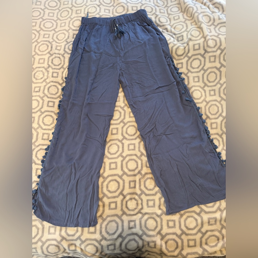 Blue Wide-Leg open side pants with Tassel Trim- cover up pants